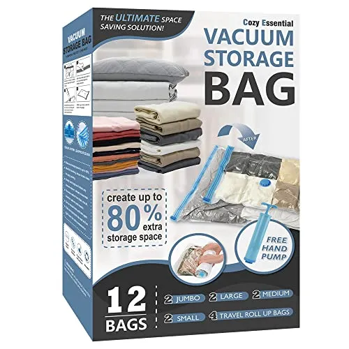 12 Pack Vacuum Storage Bags, Space Saver Bags (2 Jumbo/2 Large/2 Medium/2 Small/4 Roll) Compression Storage Bags for Comforters and Blankets, Vacuum Sealer Bags for Clothes Storage, Hand Pump Included