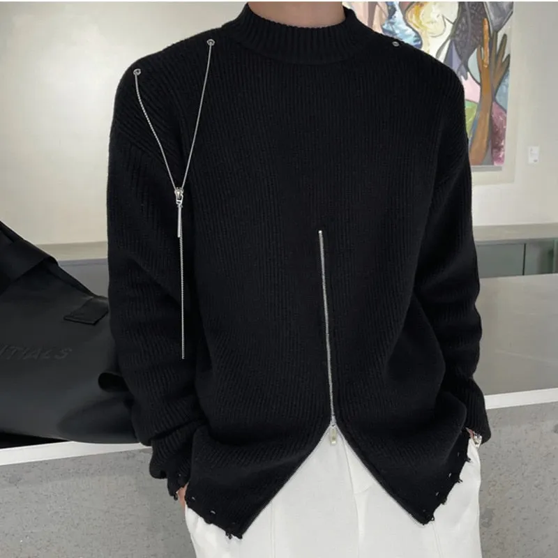 Aidase European Style Metal Chain Decoration Thick Needle Heren Sweater Fall Winter Black White Zipper Pull Homme Knitted Sweater Men