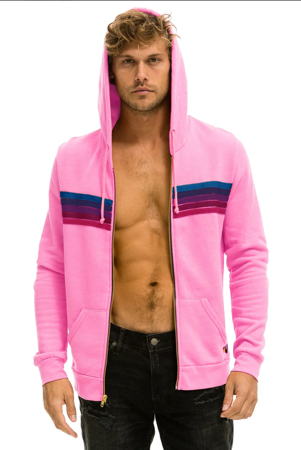 Aviator Nation 5 Stripe Unisex Hoodie  Neon Pink/Pink Purple