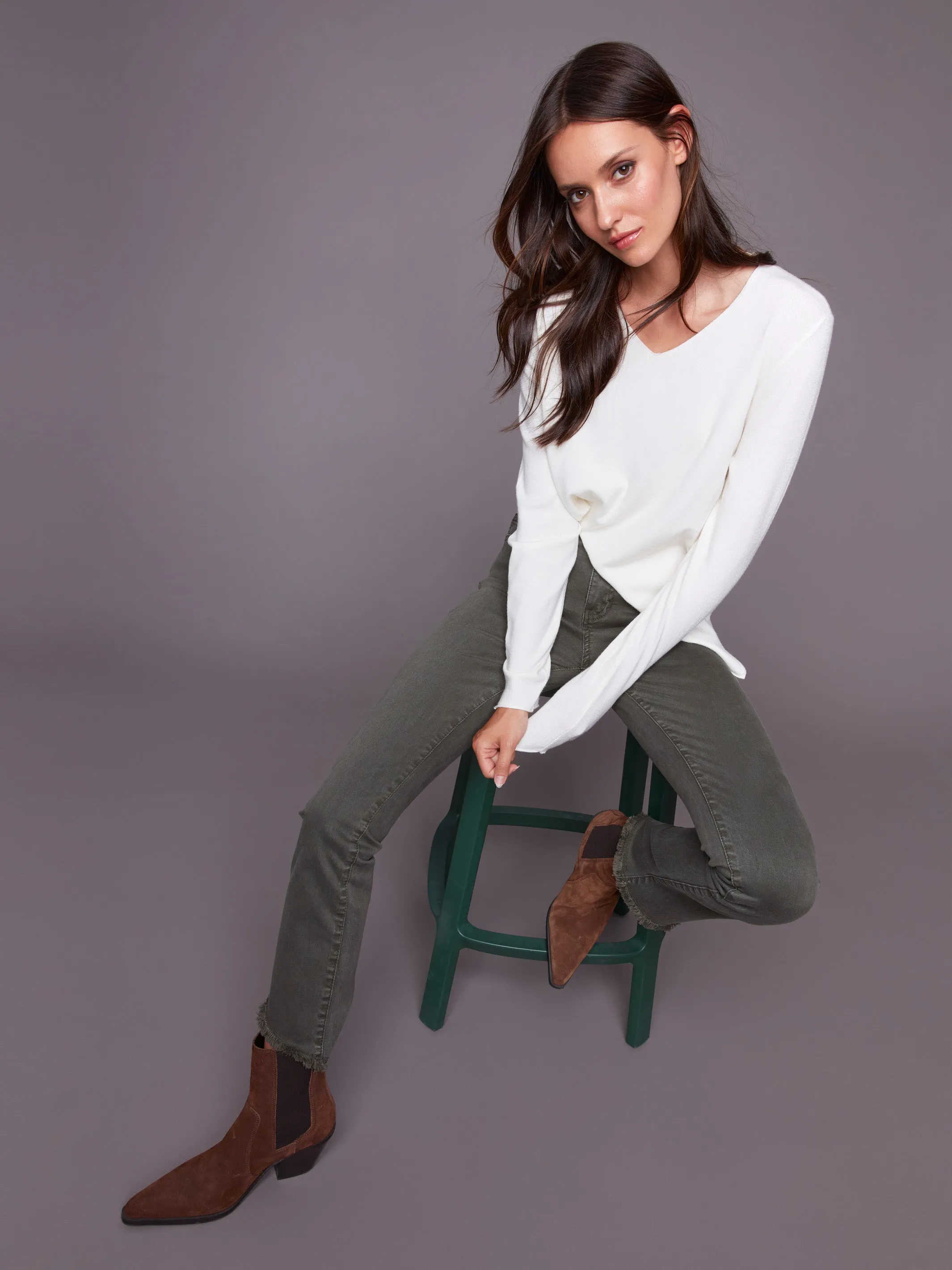 Bootcut Twill Pants With Asymmetrical Hem - Spruce