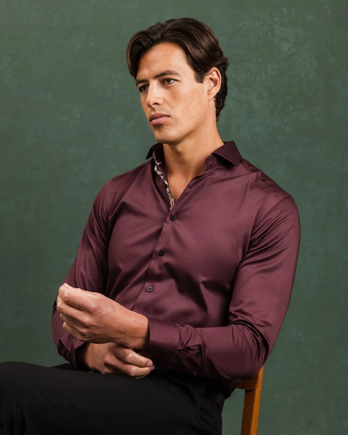 Burgundy Sateen Shirt with Roses Accents