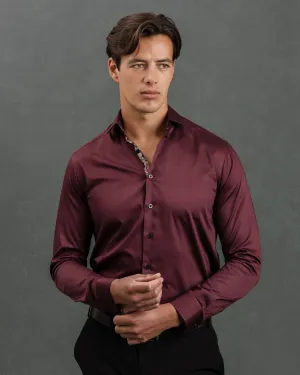 Burgundy Sateen Shirt with Roses Accents