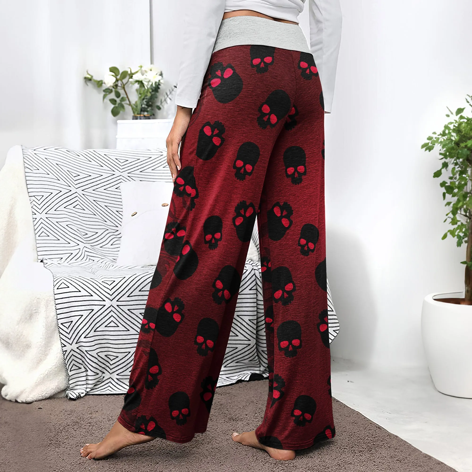 Dark Red Skull Pattern Women's High-waisted Wide Leg Pants