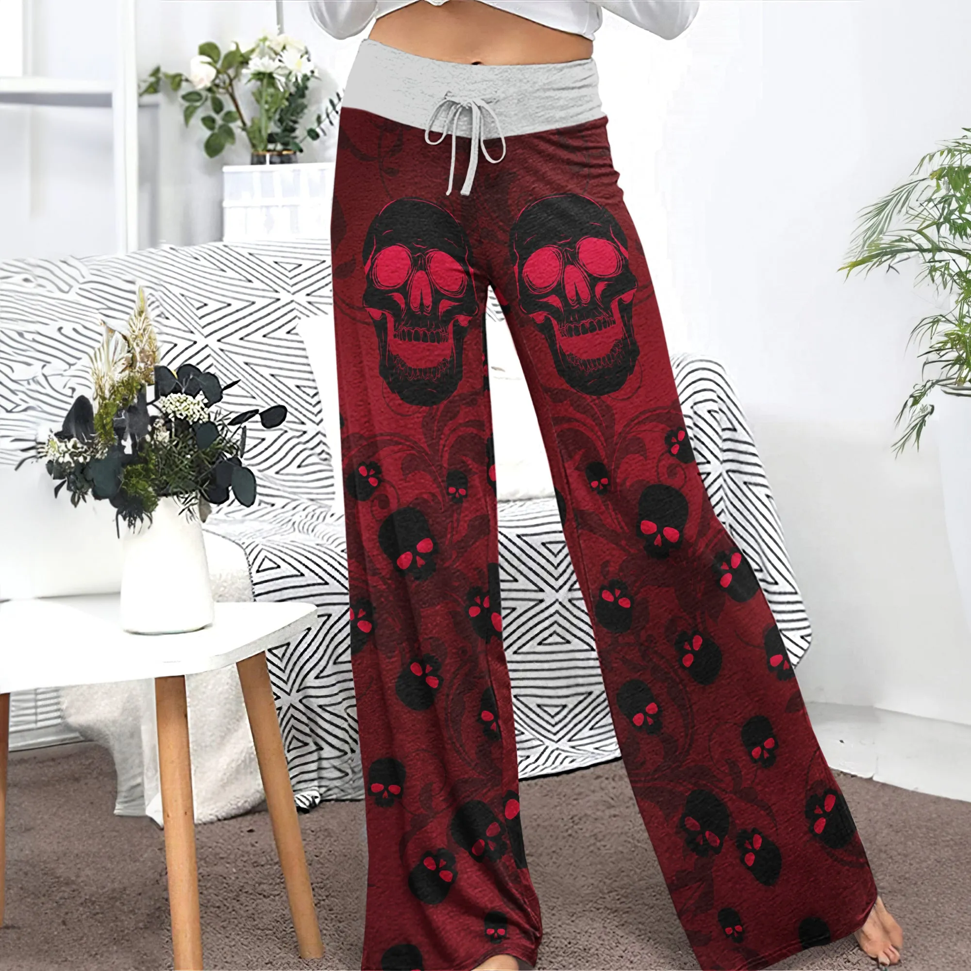 Dark Red Skull Pattern Women's High-waisted Wide Leg Pants