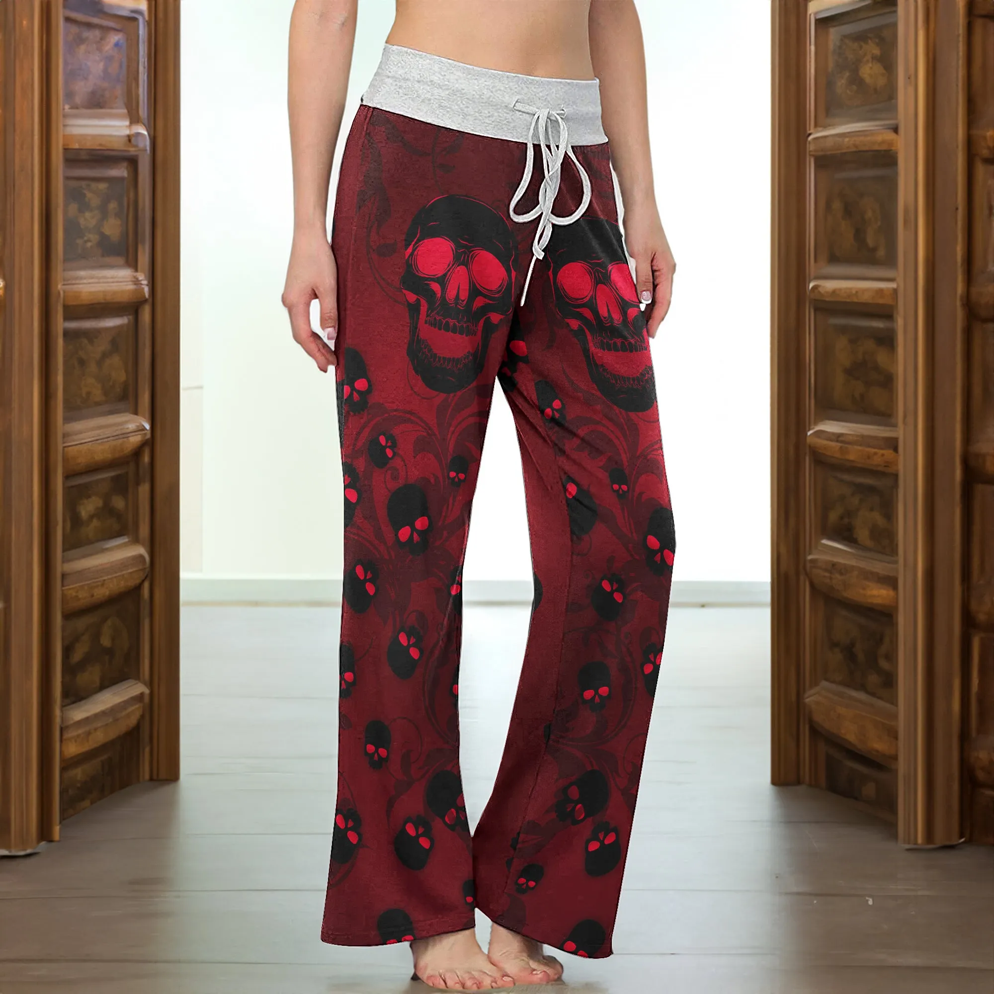 Dark Red Skull Pattern Women's High-waisted Wide Leg Pants