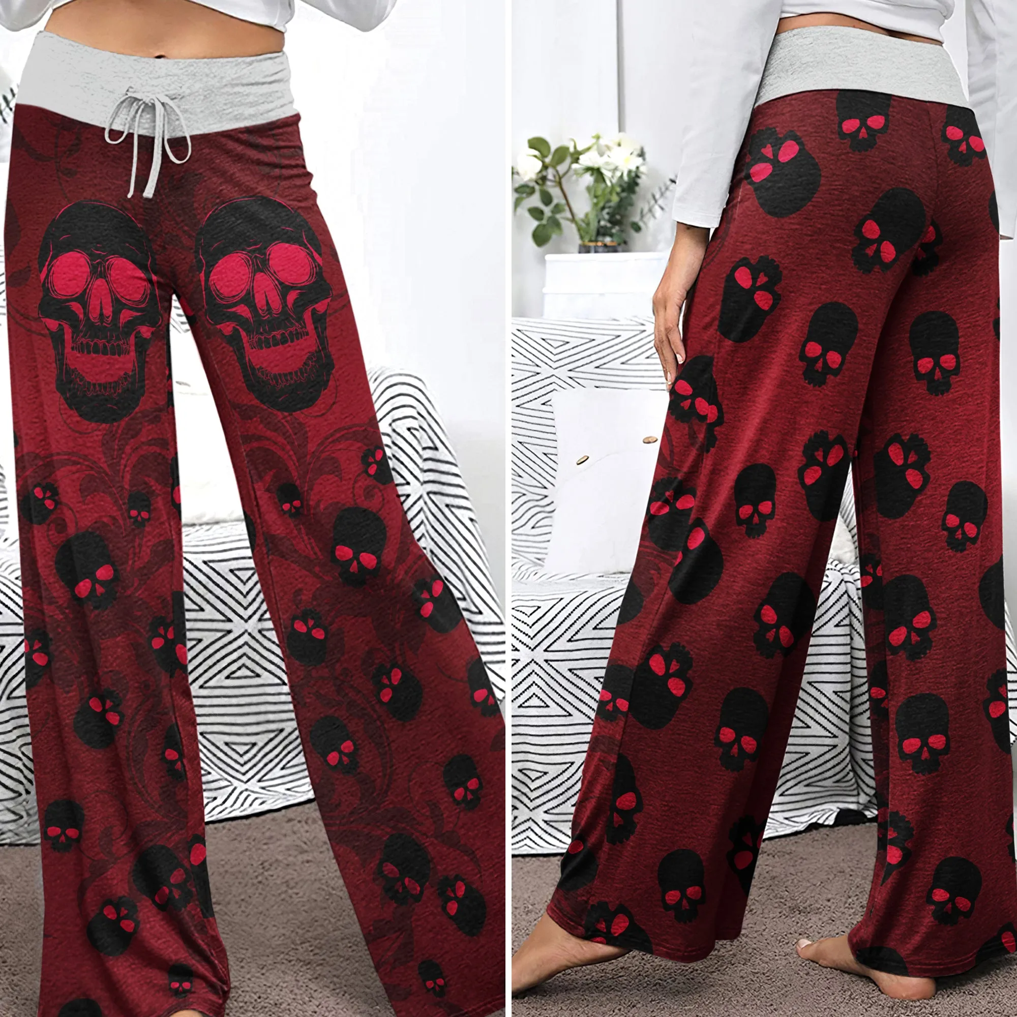 Dark Red Skull Pattern Women's High-waisted Wide Leg Pants