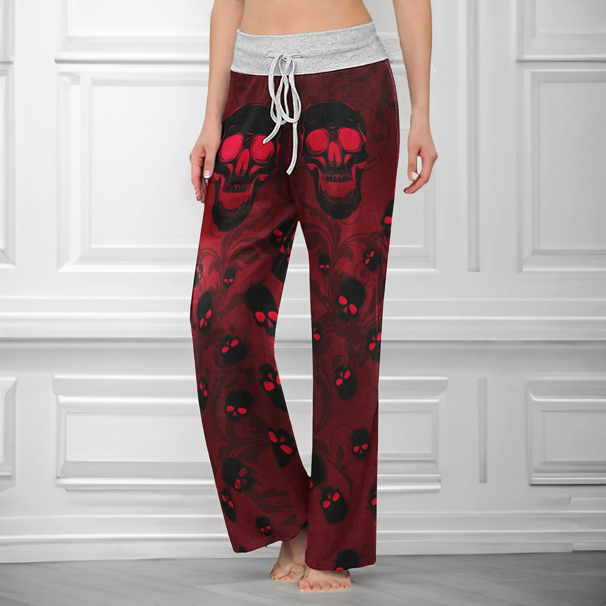 Dark Red Skull Pattern Women's High-waisted Wide Leg Pants