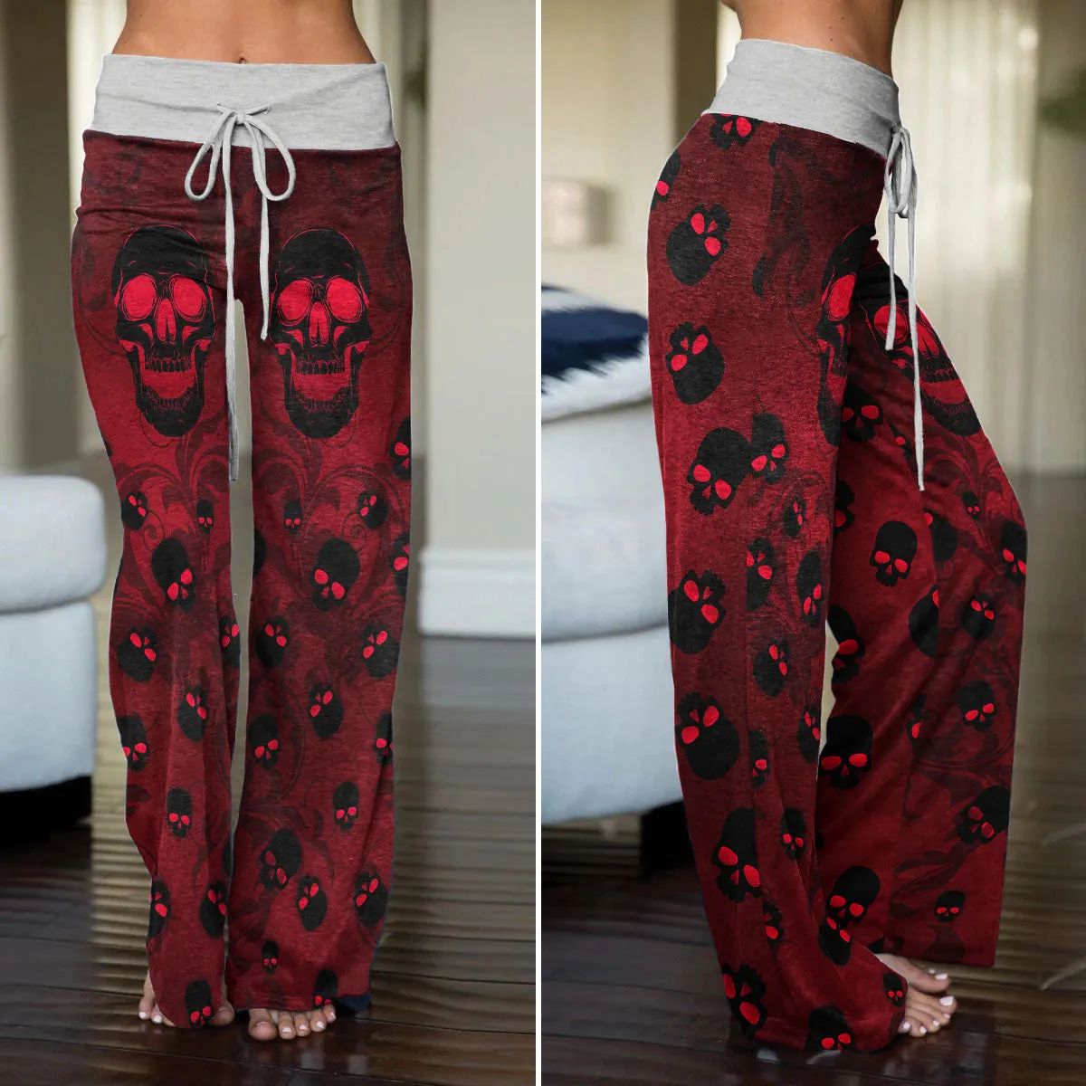 Dark Red Skull Pattern Women's High-waisted Wide Leg Pants