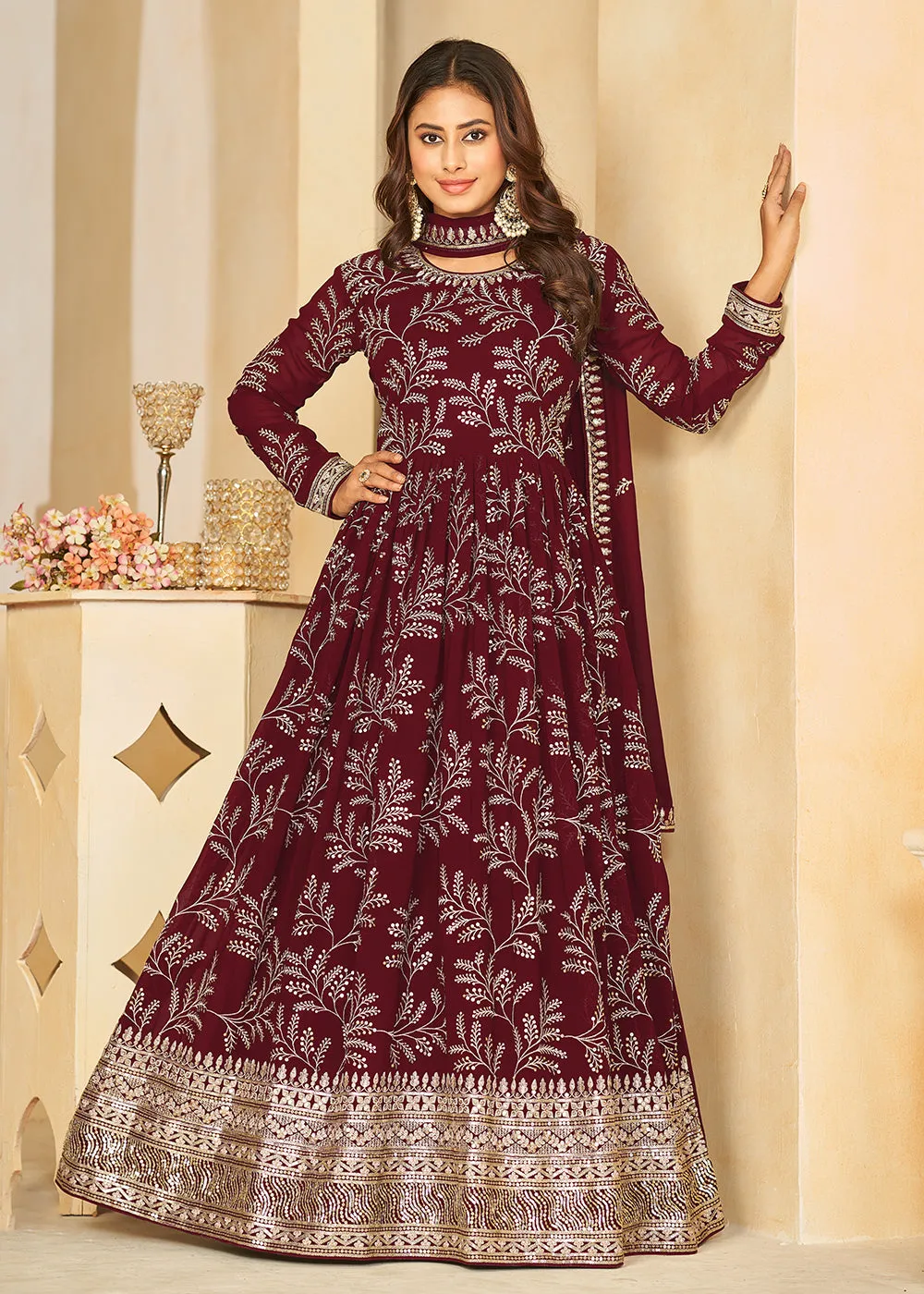 Embroidered Lovely Maroon Georgette Wedding Anarkali Suit