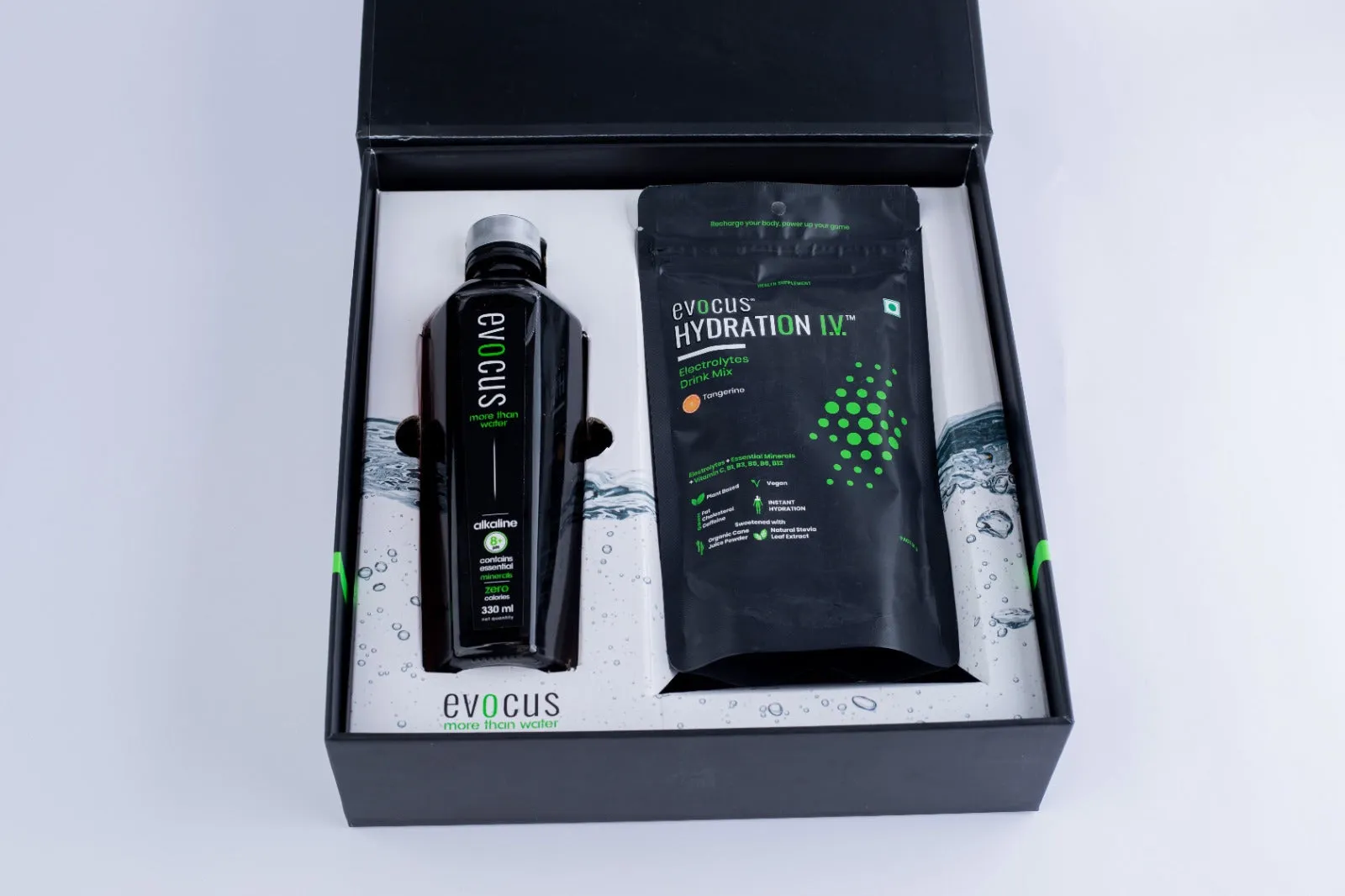 Evocus Ultimate Hydration Gift Box - Premium Glass Water Bottle 330 ml & Hydration IV