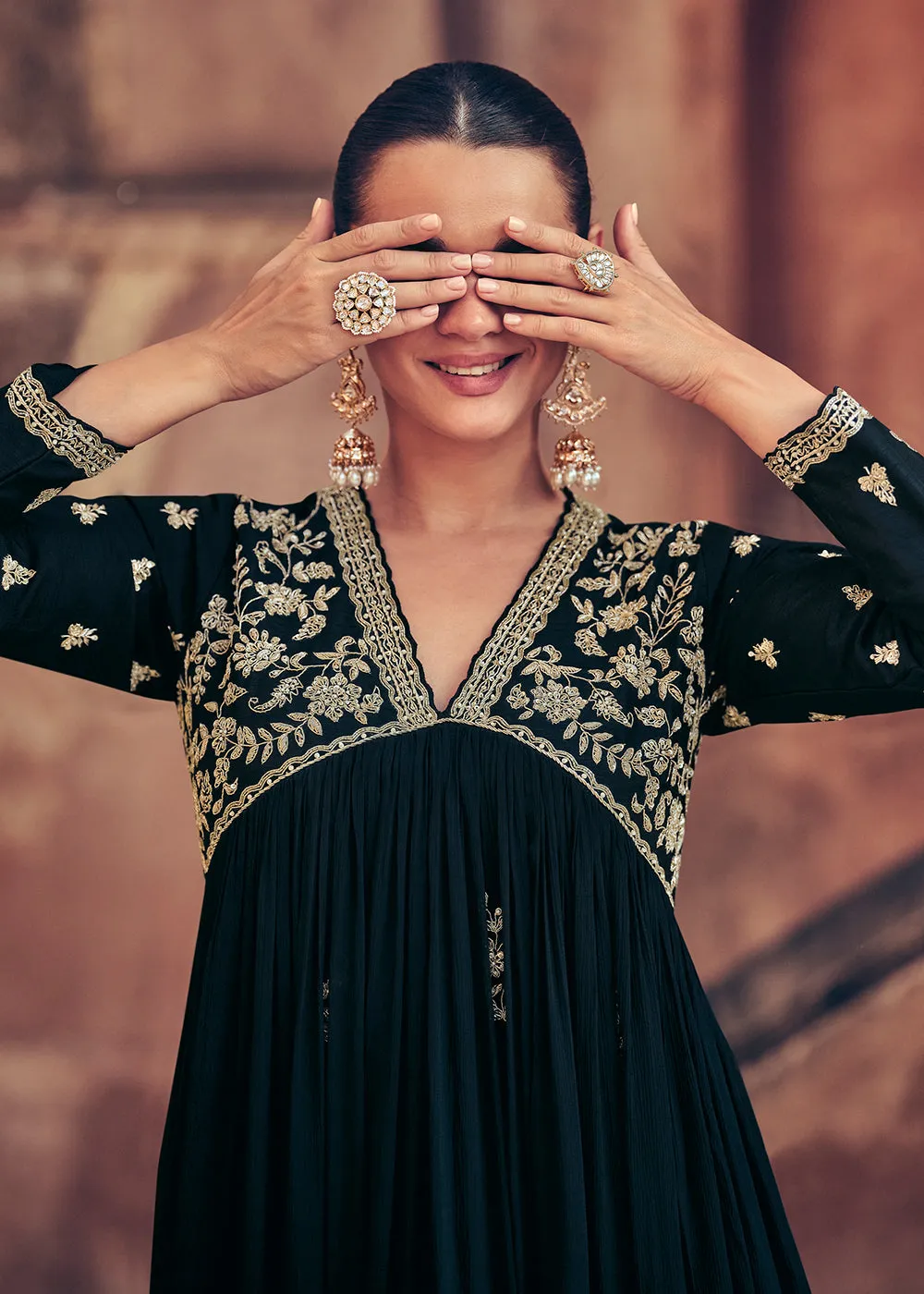 Festive Style Pine Green Embroidered Chinnon Anarkali Suit