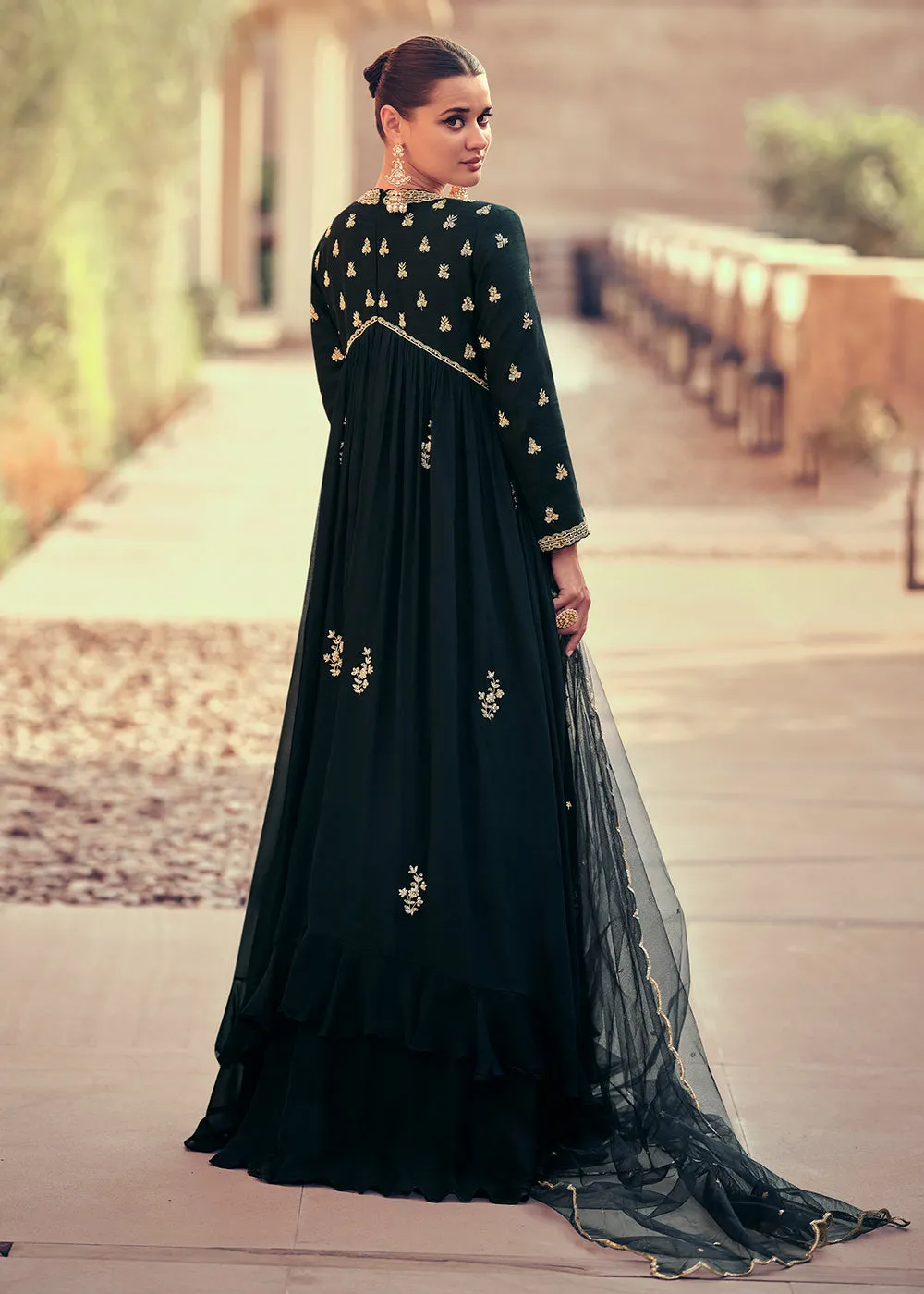 Festive Style Pine Green Embroidered Chinnon Anarkali Suit