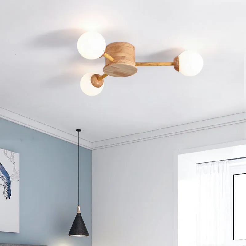 Frosted Glass Wood Chandelier: Semi-Flush Minimalist Ceiling Mount for Bedroom