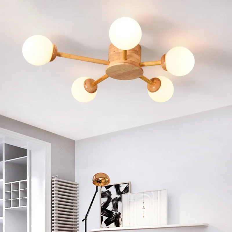 Frosted Glass Wood Chandelier: Semi-Flush Minimalist Ceiling Mount for Bedroom