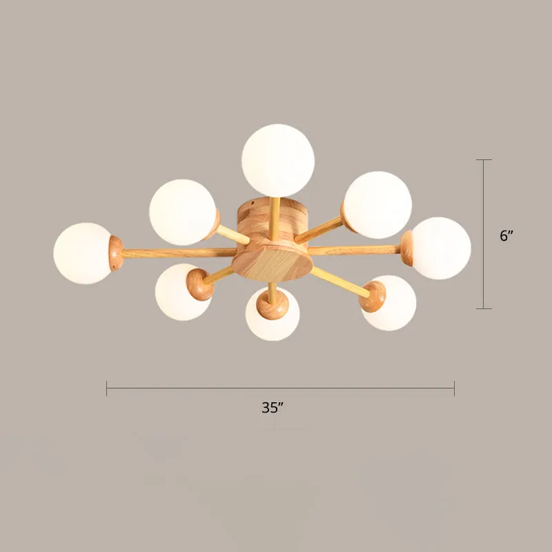 Frosted Glass Wood Chandelier: Semi-Flush Minimalist Ceiling Mount for Bedroom