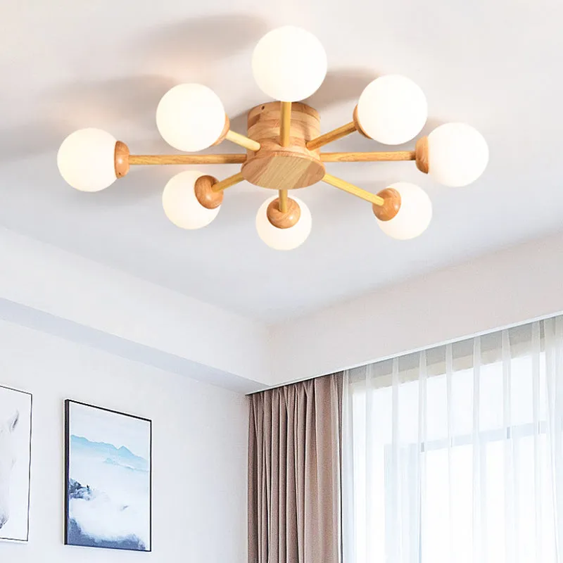 Frosted Glass Wood Chandelier: Semi-Flush Minimalist Ceiling Mount for Bedroom