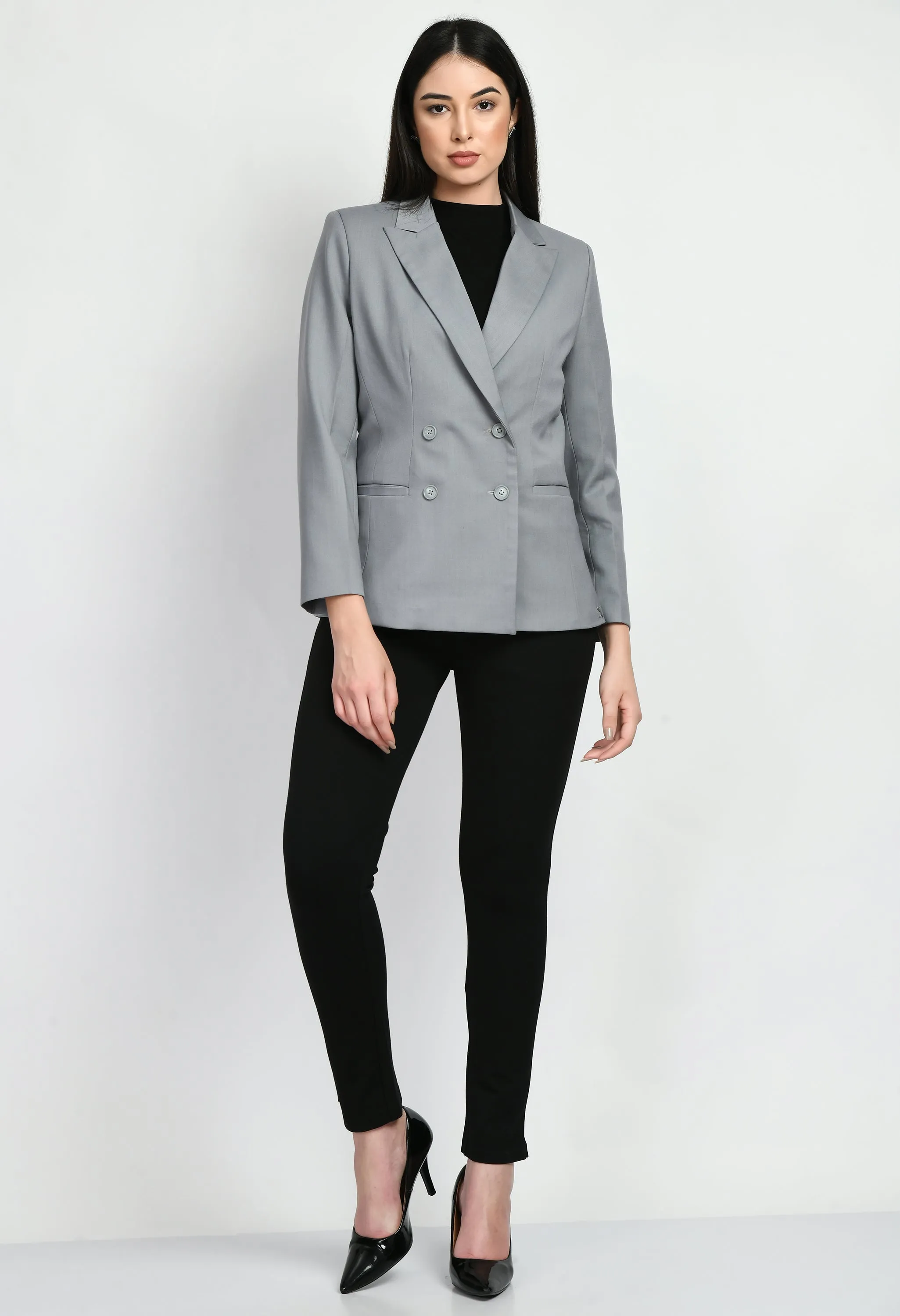 Grey Cotton Blend Poise Double Breasted Medium Blazer