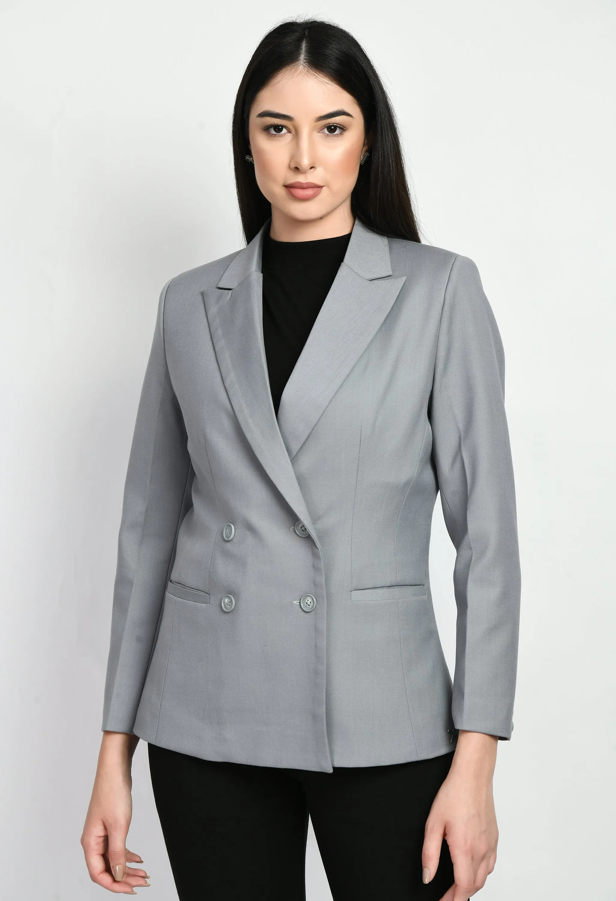 Grey Cotton Blend Poise Double Breasted Medium Blazer