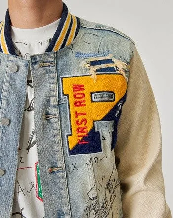 HAND DRAWING LEATHER SLEEVES DENIM VARSITY JACKET