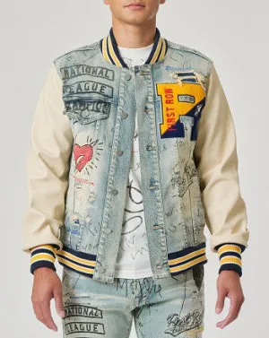 HAND DRAWING LEATHER SLEEVES DENIM VARSITY JACKET