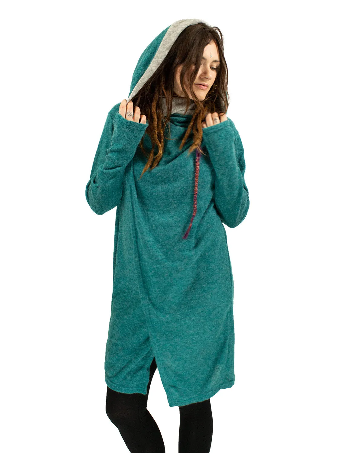 HOODED LONG CARDIGAN JACKET TURQUOISE