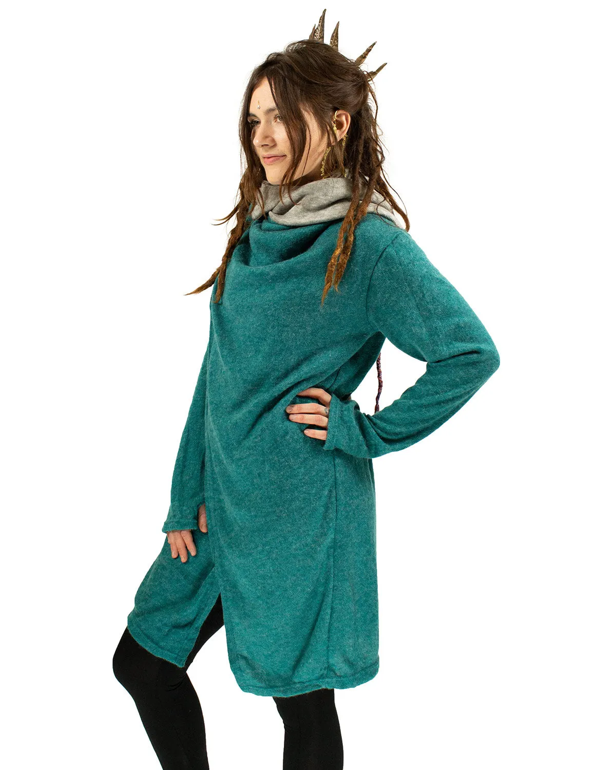 HOODED LONG CARDIGAN JACKET TURQUOISE