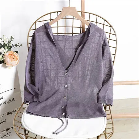 Hooded Thin Sweater Cardigan Women Silk Linen Spring  Summer Lace Up V-neck Short Design Loose Cape Cardigans Outerwear Female