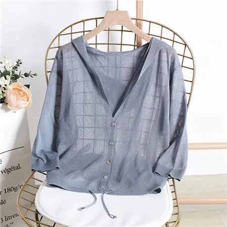 Hooded Thin Sweater Cardigan Women Silk Linen Spring  Summer Lace Up V-neck Short Design Loose Cape Cardigans Outerwear Female