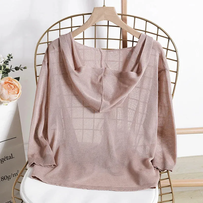 Hooded Thin Sweater Cardigan Women Silk Linen Spring  Summer Lace Up V-neck Short Design Loose Cape Cardigans Outerwear Female