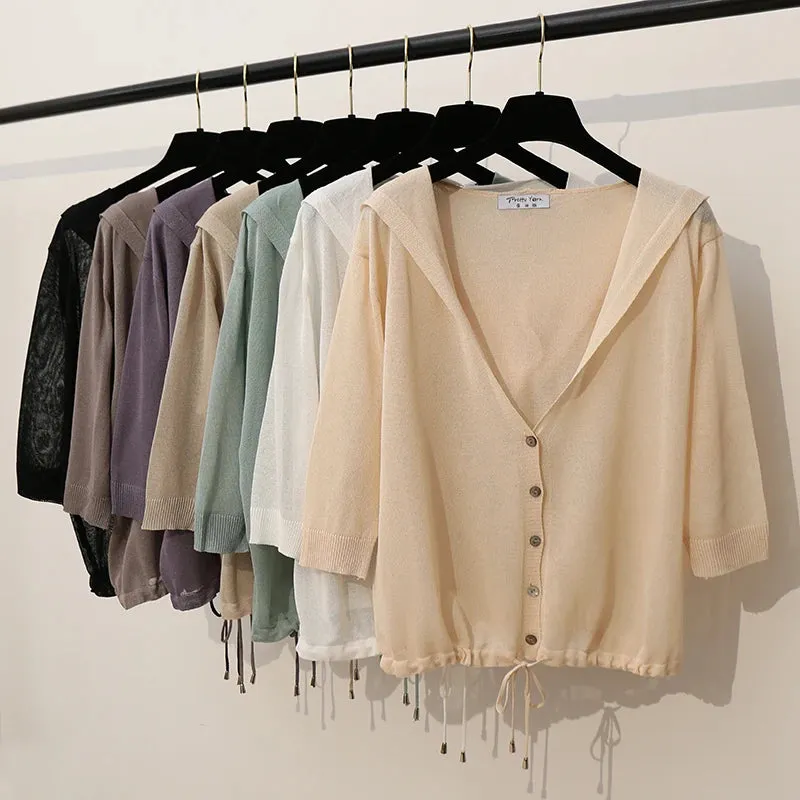 Hooded Thin Sweater Cardigan Women Silk Linen Spring  Summer Lace Up V-neck Short Design Loose Cape Cardigans Outerwear Female