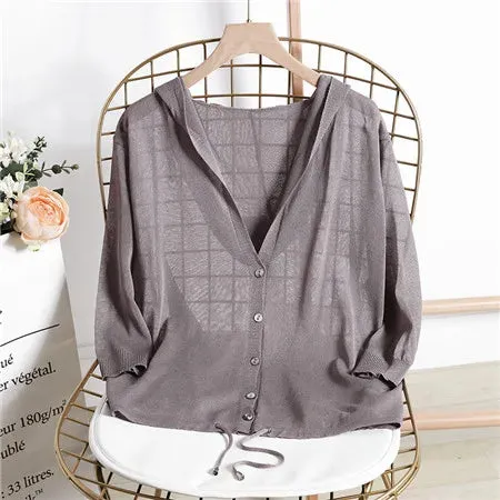 Hooded Thin Sweater Cardigan Women Silk Linen Spring  Summer Lace Up V-neck Short Design Loose Cape Cardigans Outerwear Female