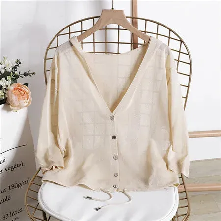 Hooded Thin Sweater Cardigan Women Silk Linen Spring  Summer Lace Up V-neck Short Design Loose Cape Cardigans Outerwear Female