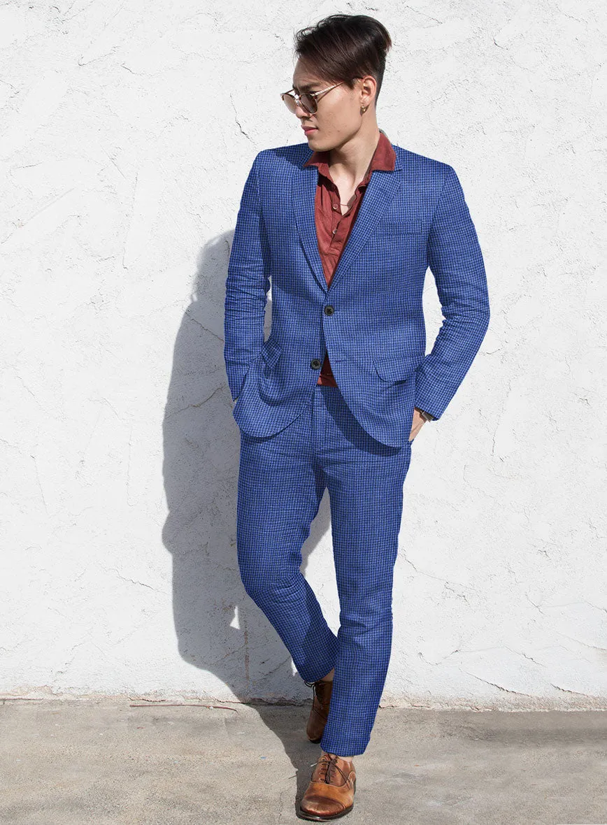 Italian Prato Blue Houndstooth Linen Suit