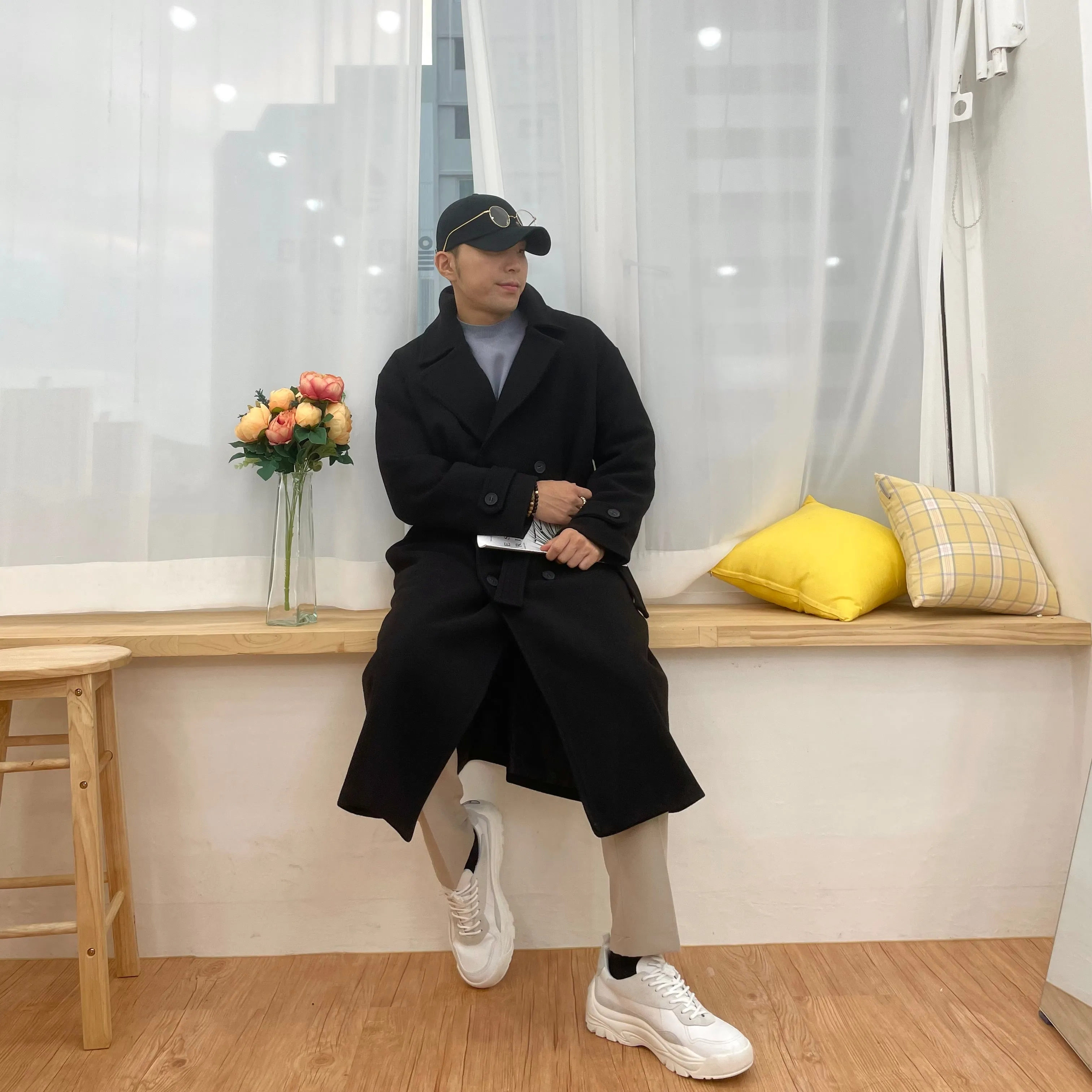 [Korean Style] Black Soline Wool Double Coat