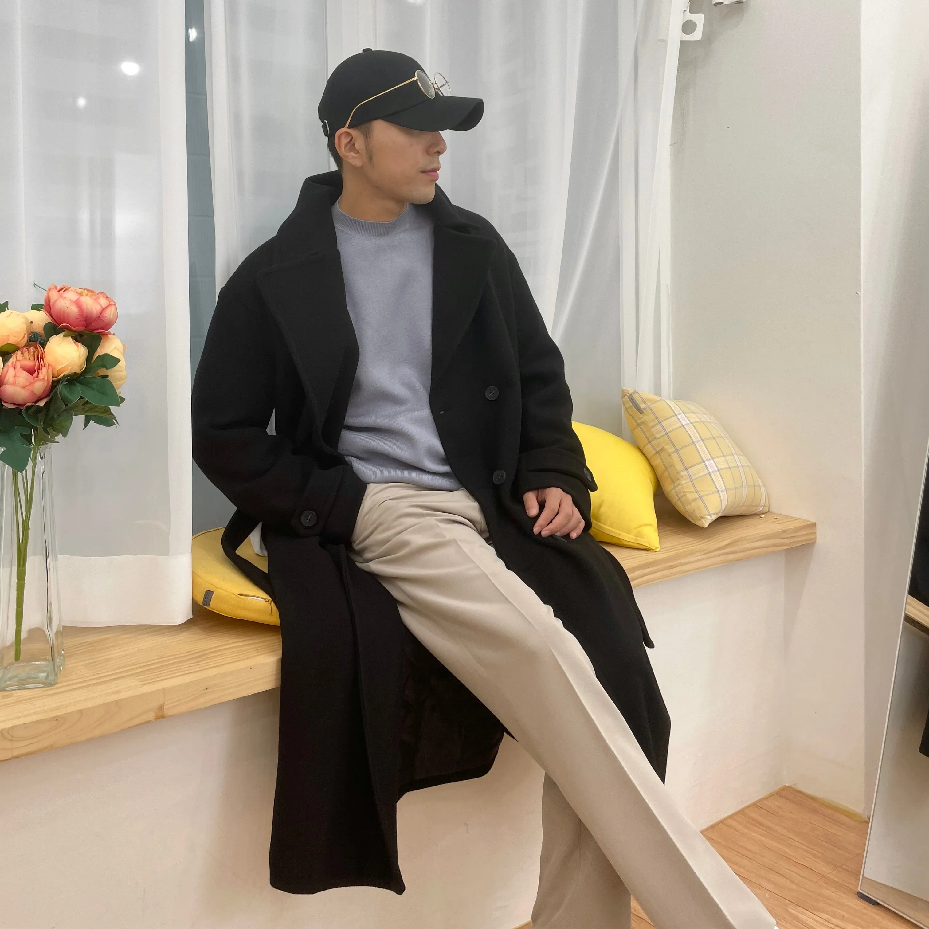 [Korean Style] Black Soline Wool Double Coat