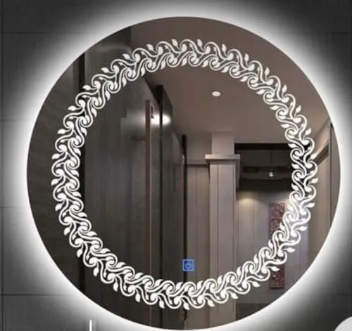 LAXMI Glass Shop Wall Mounted Led Touch Sensor Mirror with Aluminum Frame | LED Illuminated Modern Leaf Pattern Vanity Round Mirror for Bedroom, Bathroom & Makeup Room (24inch x 24inch)