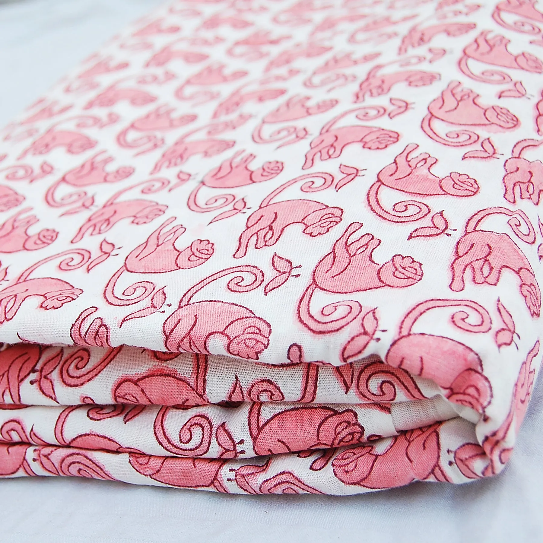 Natural Cotton Handmade Red Monkey Block Printed Voile Fabric