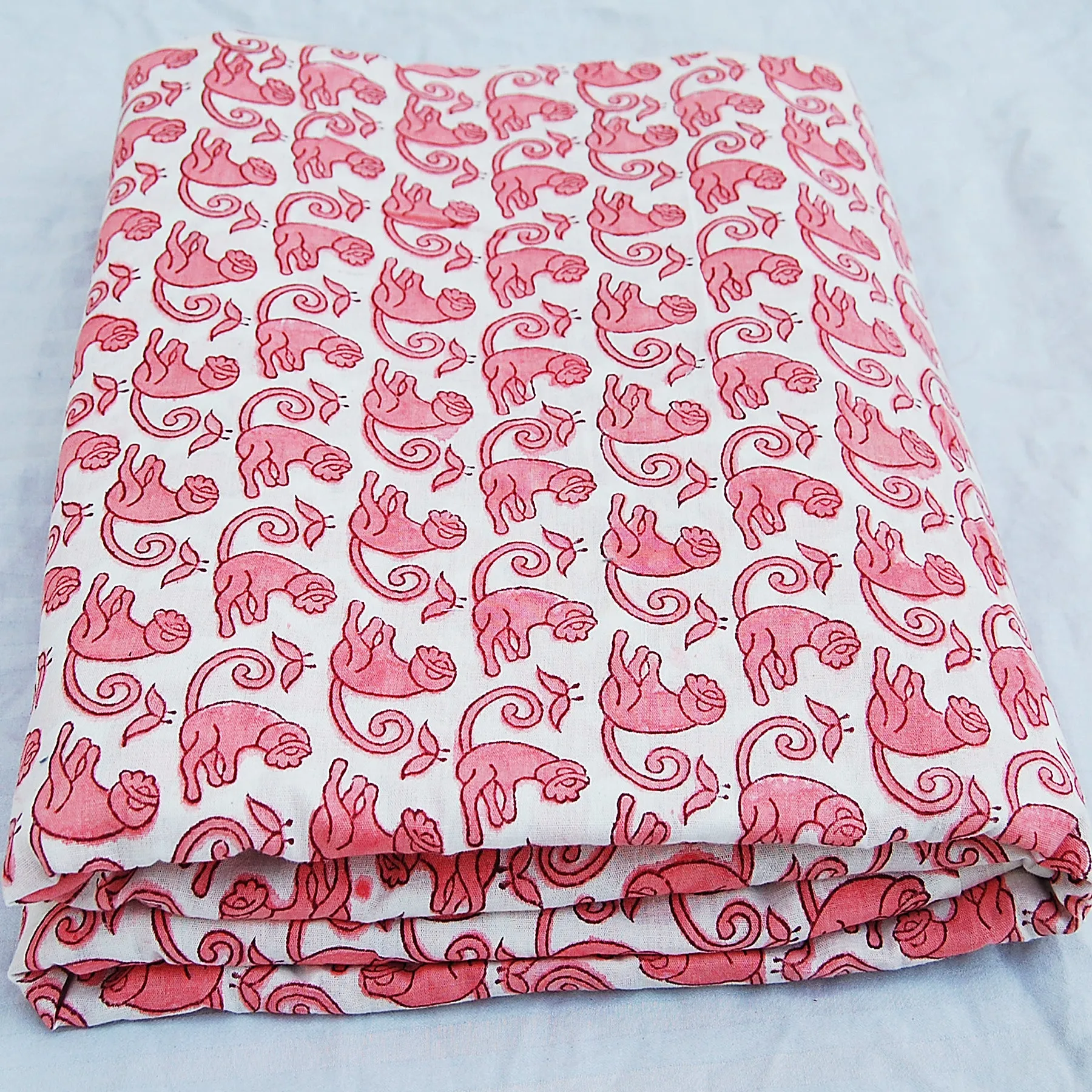 Natural Cotton Handmade Red Monkey Block Printed Voile Fabric