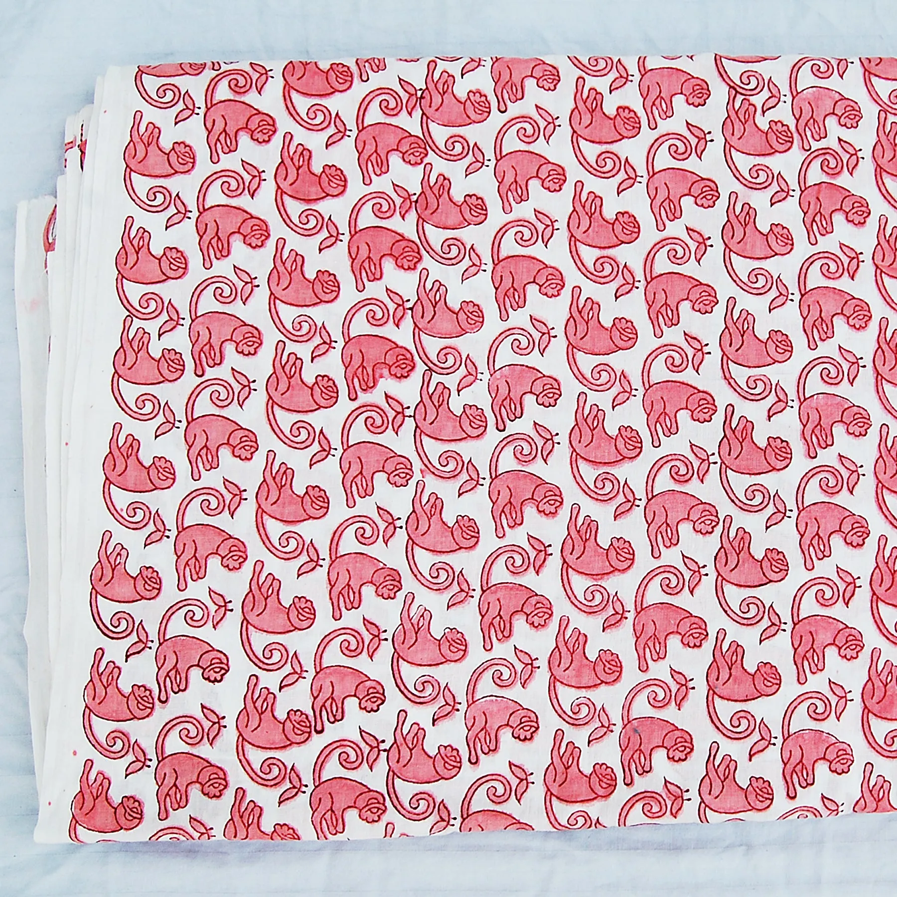 Natural Cotton Handmade Red Monkey Block Printed Voile Fabric