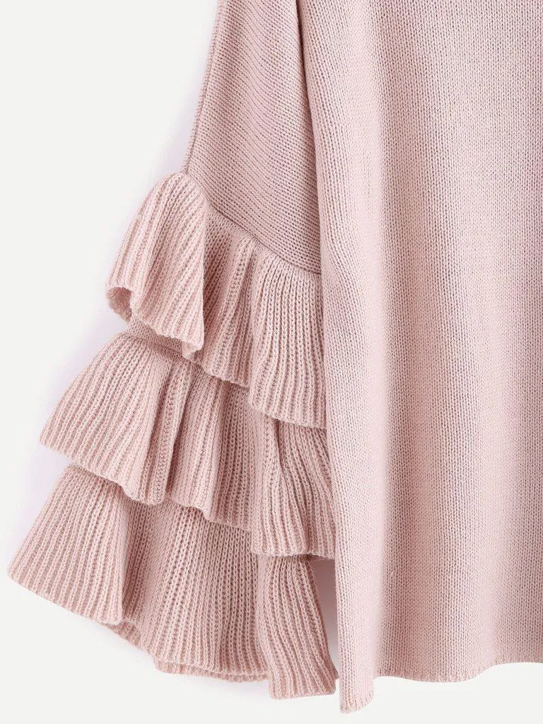 Pink Layered Ruffle Sleeve Pullover Sweater