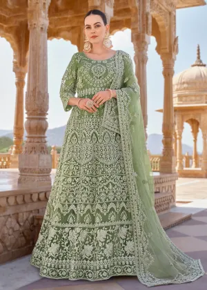 Sage Green Front & Back Stone Embroidered Wedding Anarkali Suit