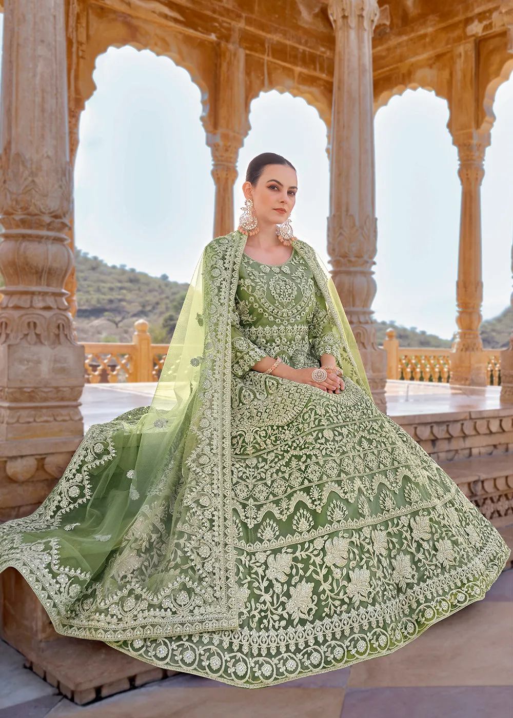 Sage Green Front & Back Stone Embroidered Wedding Anarkali Suit