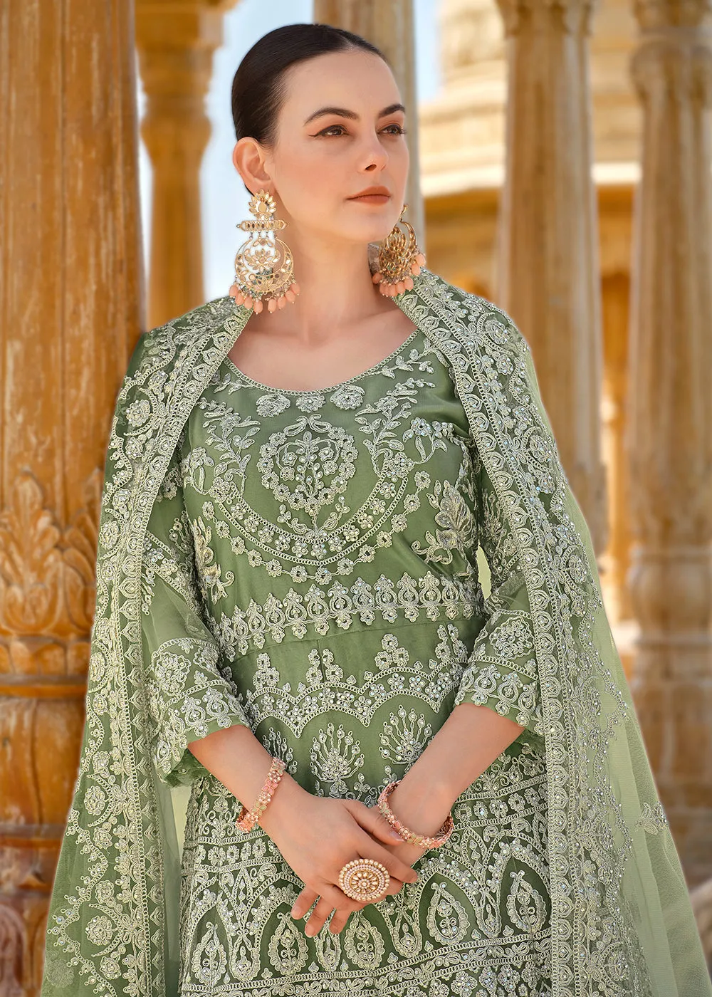 Sage Green Front & Back Stone Embroidered Wedding Anarkali Suit