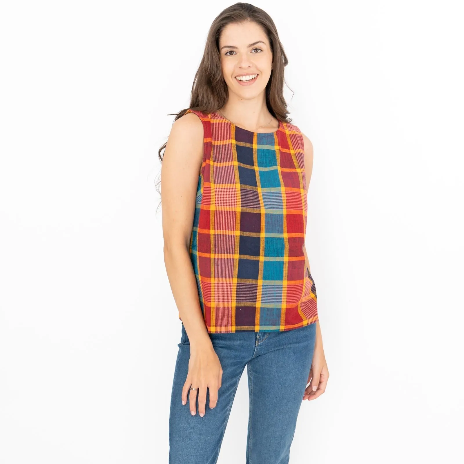 Seasalt Drawn Poppies Red Check Summer Vests Sleeveless Tops