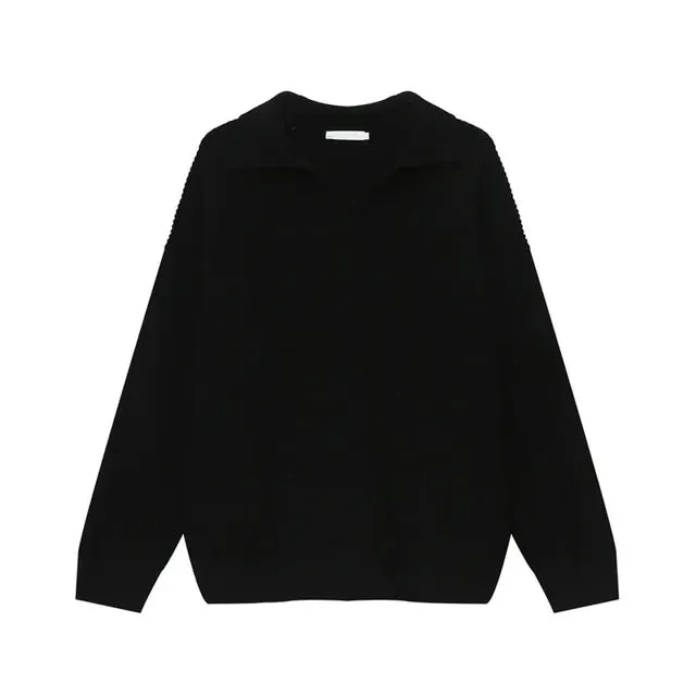 Solid Knitted Turn-down Collar Loose Sweater