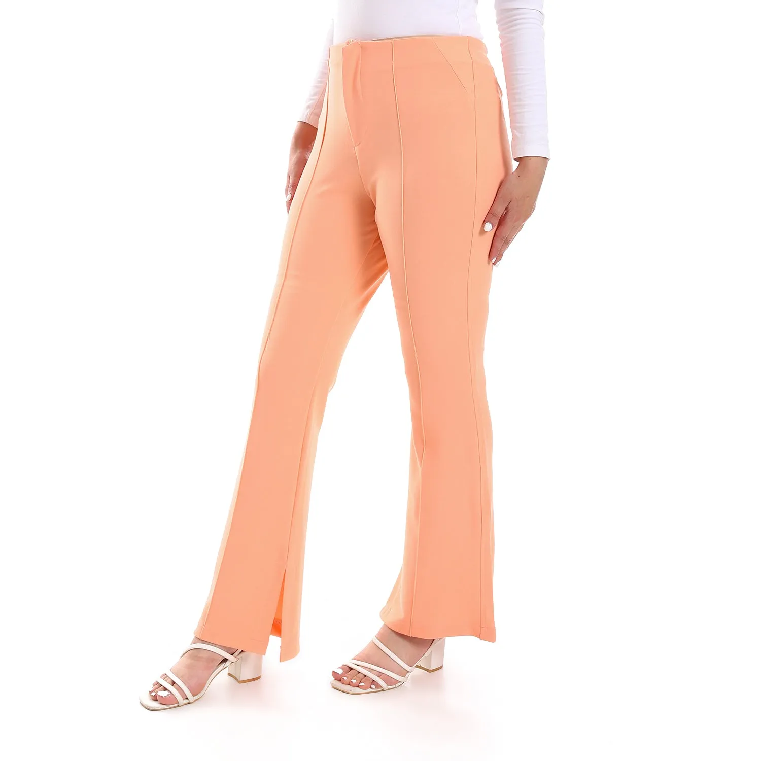 Stitching Details Waistless Ankle Slits Plain Flare Pants