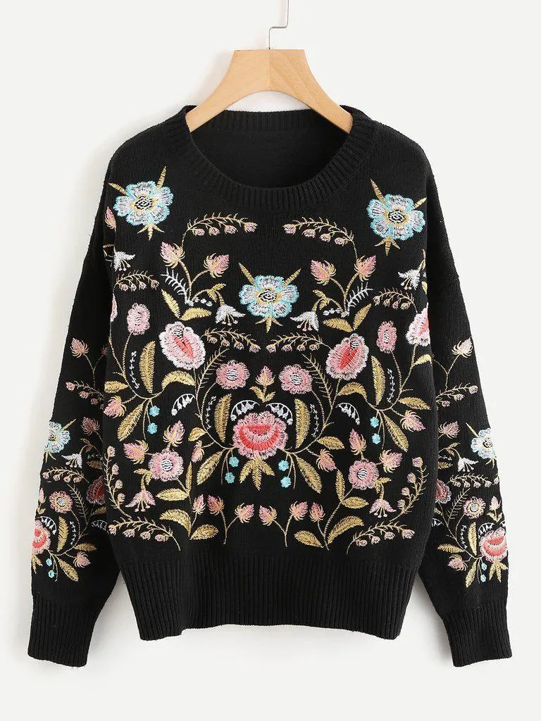 Symmetric Botanical Embroidered Jumper