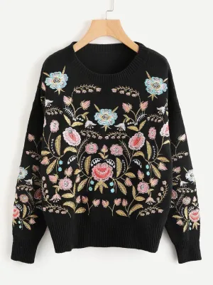 Symmetric Botanical Embroidered Jumper