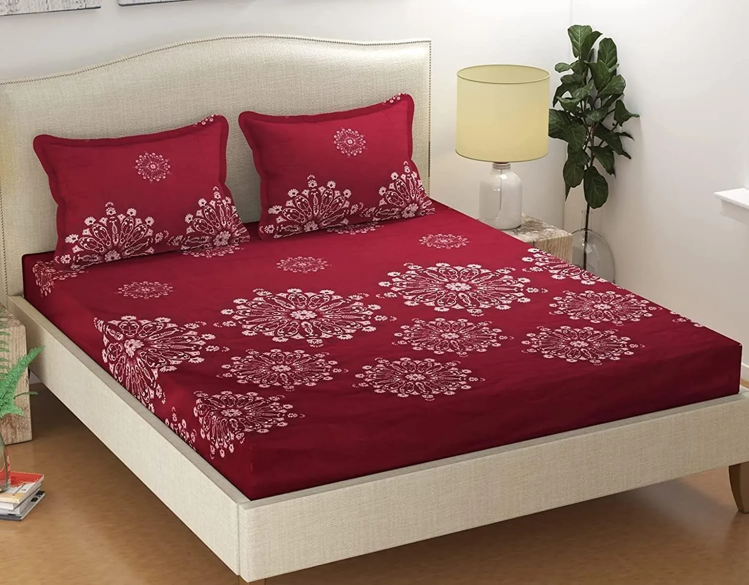 VOMZER - Home 300TC Elastic Fitted Double Bed Cotton Bedsheets with 2 Pillow Covers - King Size 78" x 72" (Damask Maroon)