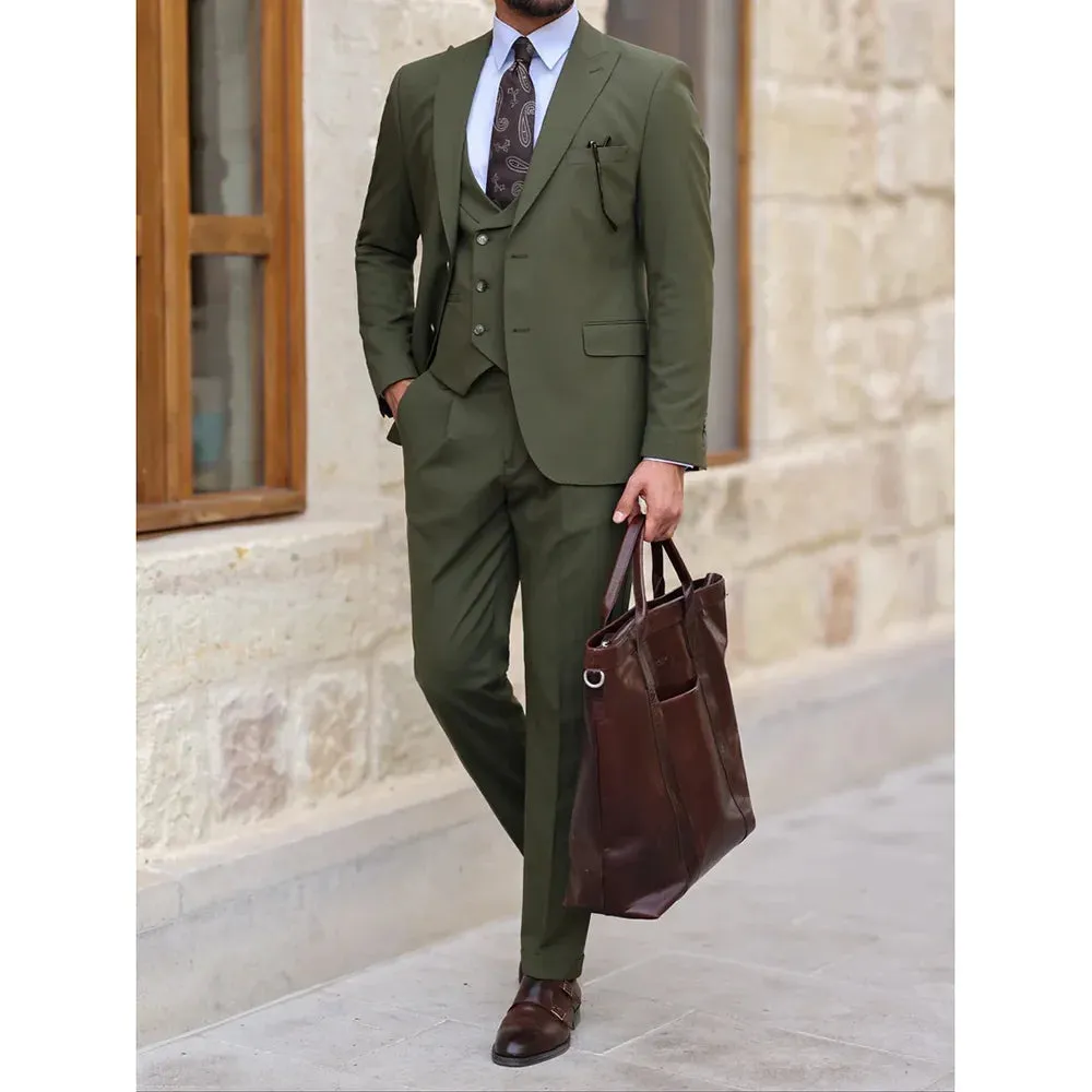 Wiaofellas  -  Elegant Army Green Men Suits Three Piece Chic Peak Lapel Single Breasted Clothing Business Casual Office Slim Wedding Tuxedo